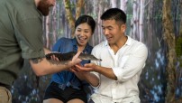 image of couple being shown a baby crocodile by a handler