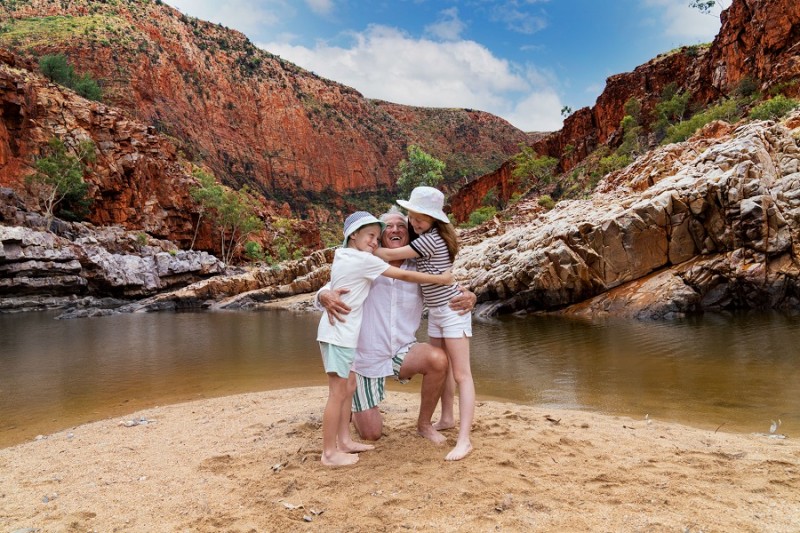 image of grandad hugging kids at Ormiston Gorge