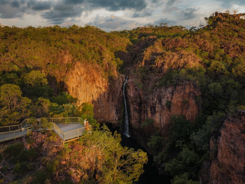 aerial image of Tolmer Falls with people standing on lookout