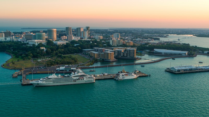 An arial image of two ships dock at Fort Hill Wharf